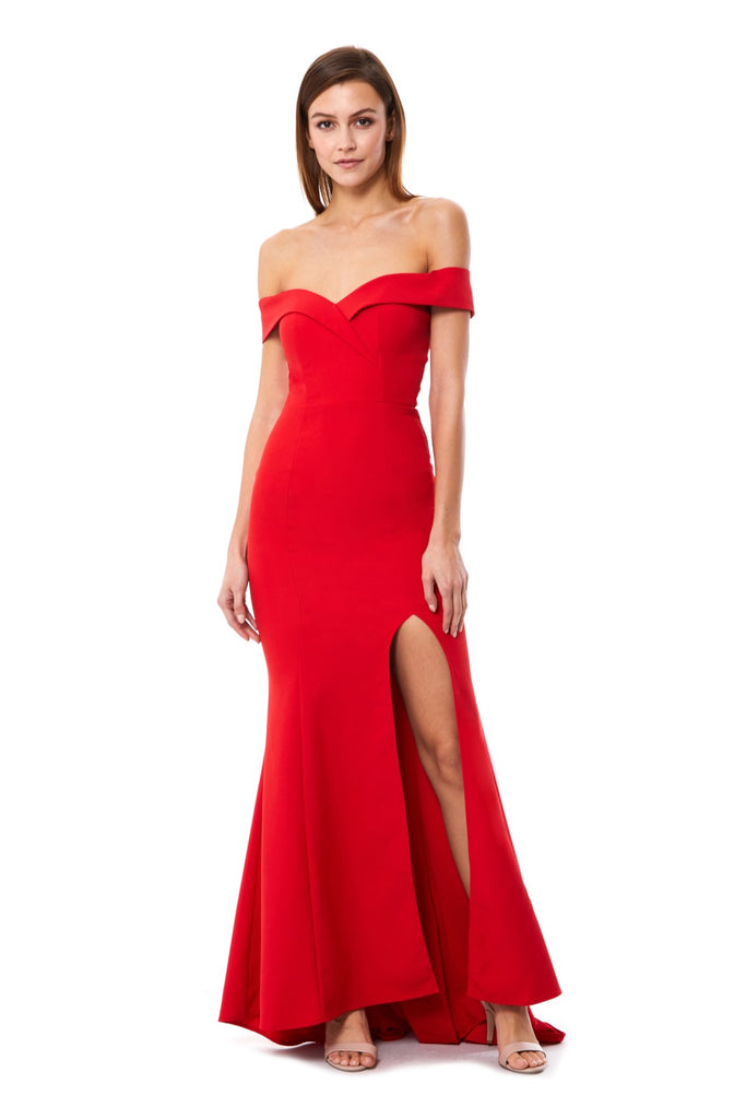 bardot thigh split maxi dress