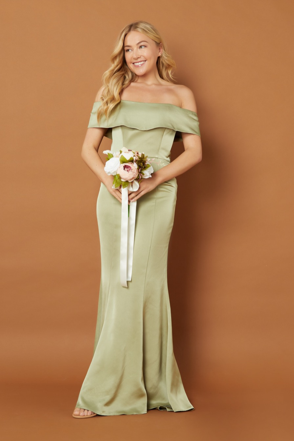 Sage Off Shoulder Maxi Dress with Train, UK 8 / US 4 / EU 36 / Pale Olive