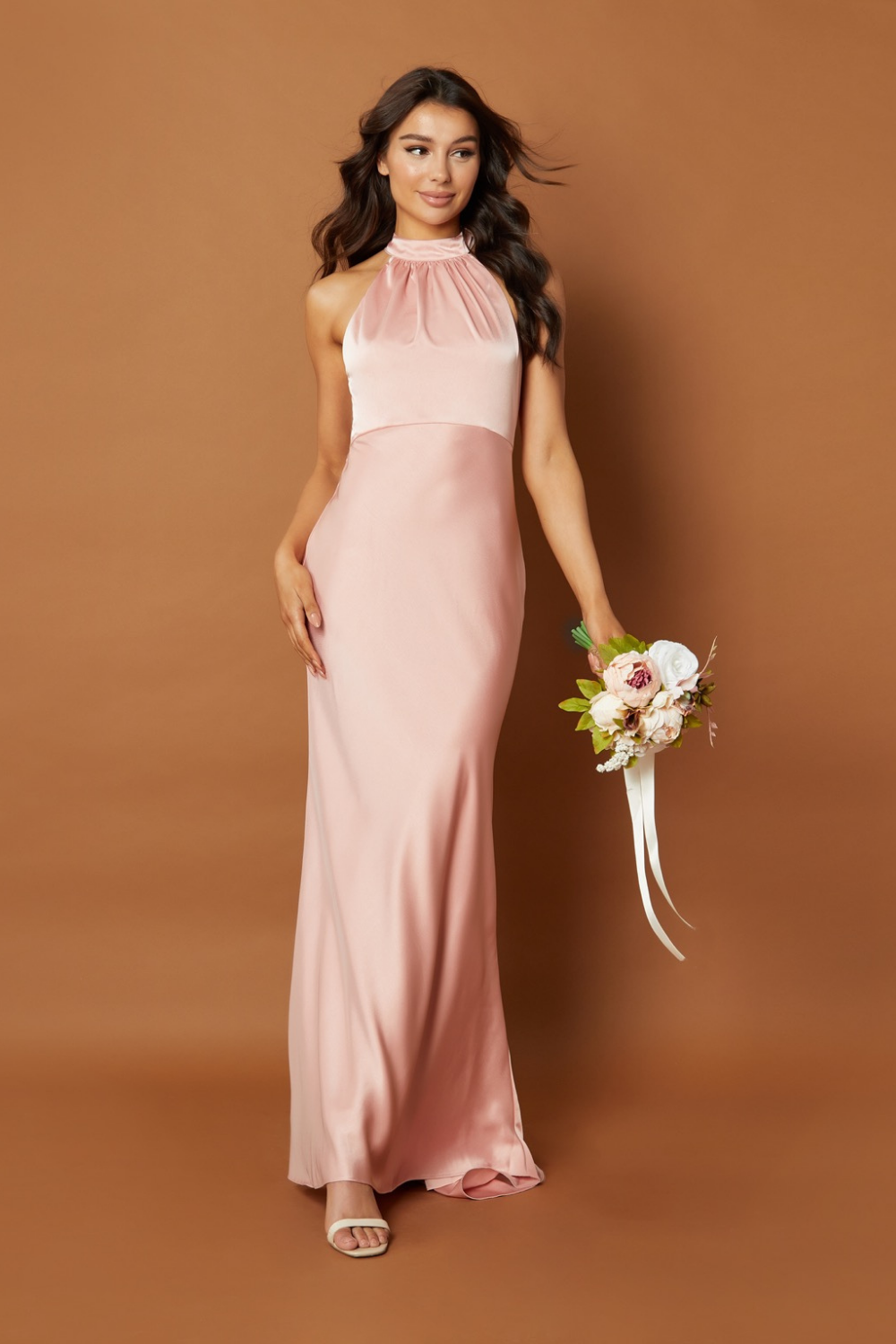 Starlette Halter Neck Maxi Dress with Back Tie and Button Back Detail, UK 10 / US 6 / EU 38 / Blush