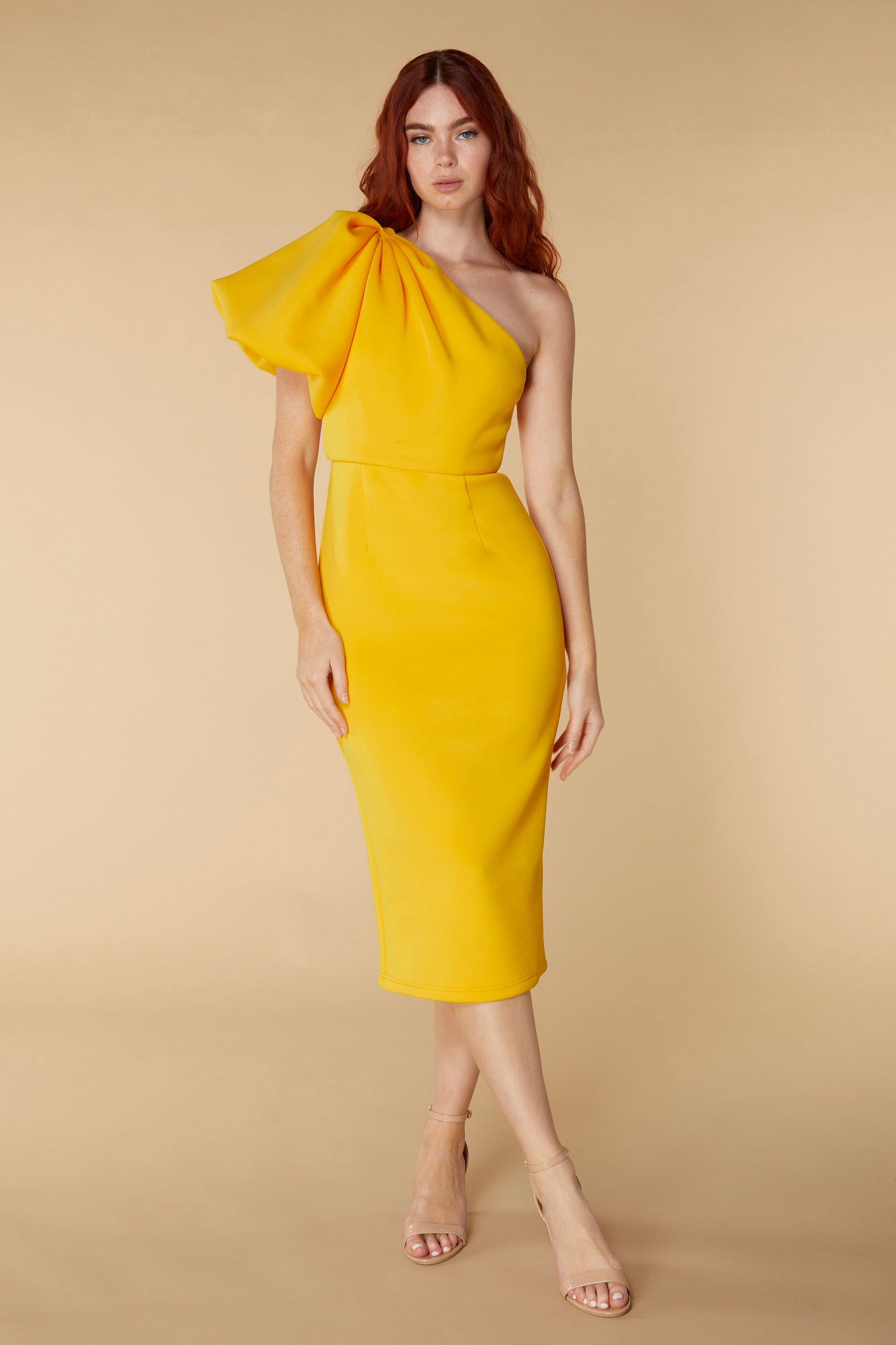 Velvette One Shoulder Exaggerated Puff Sleeve Scuba Midi Dress, UK 18 / US 14 / EU 46 / Scuba Yellow