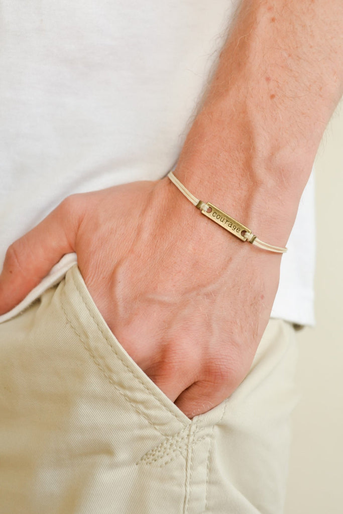 Courage bracelet for men, men's bracelet with a bronze plaque, beige ...