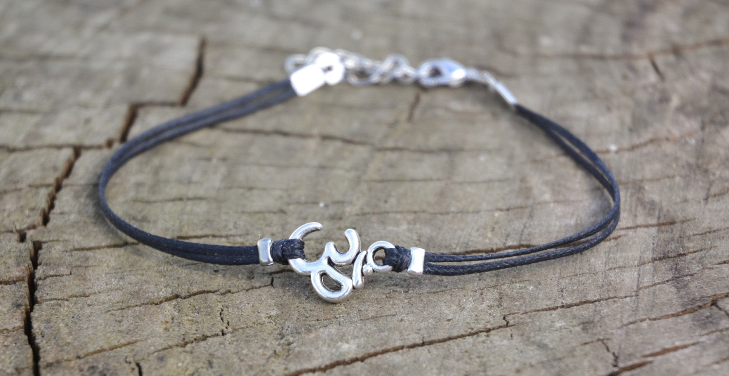Om anklet, dainty black cord anklet with silver Om charm, ankle ...