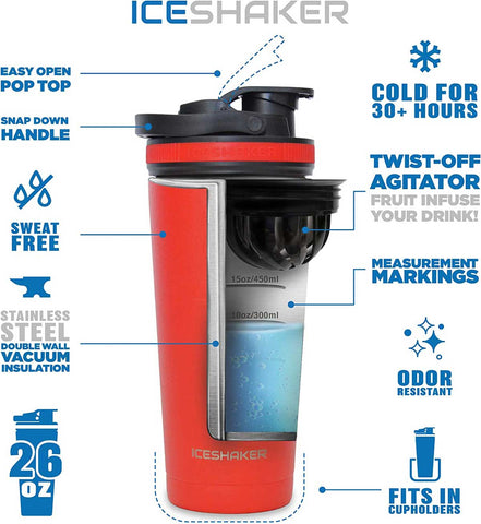 An infographic of the 26oz. Ice Shaker. Features include stainless steel double wall vacuum insulated, Twist-off agitator, a carry handle, and much more