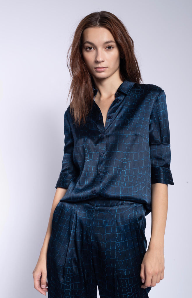 Long Sleeve Blouse + Navy Croc Stretch Silk – HARK + HAMMER