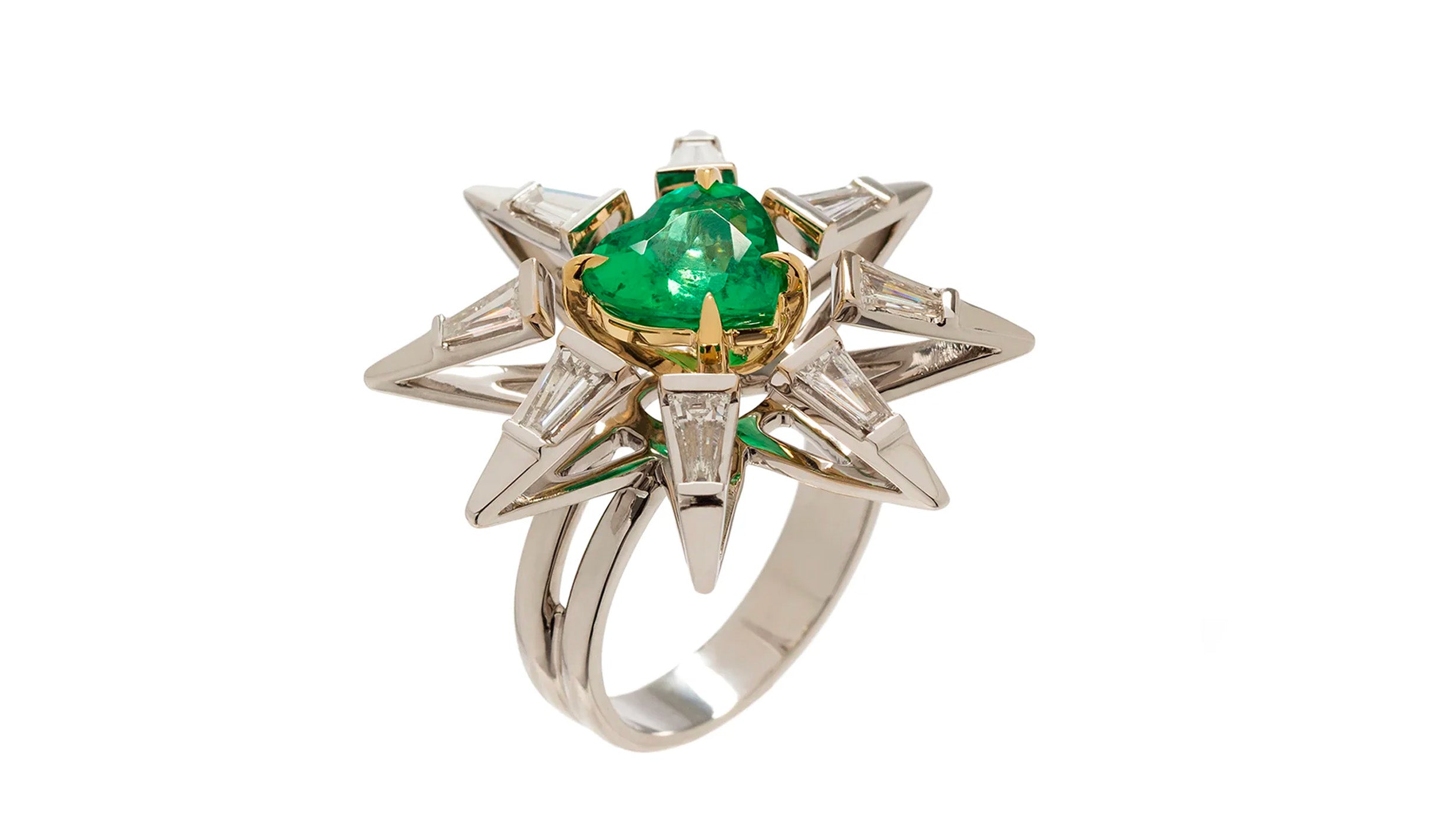 Broken English Jewelry - Ara Vartarian - Emerald Pulsar Ring - featured in TZR March 6, 2024
