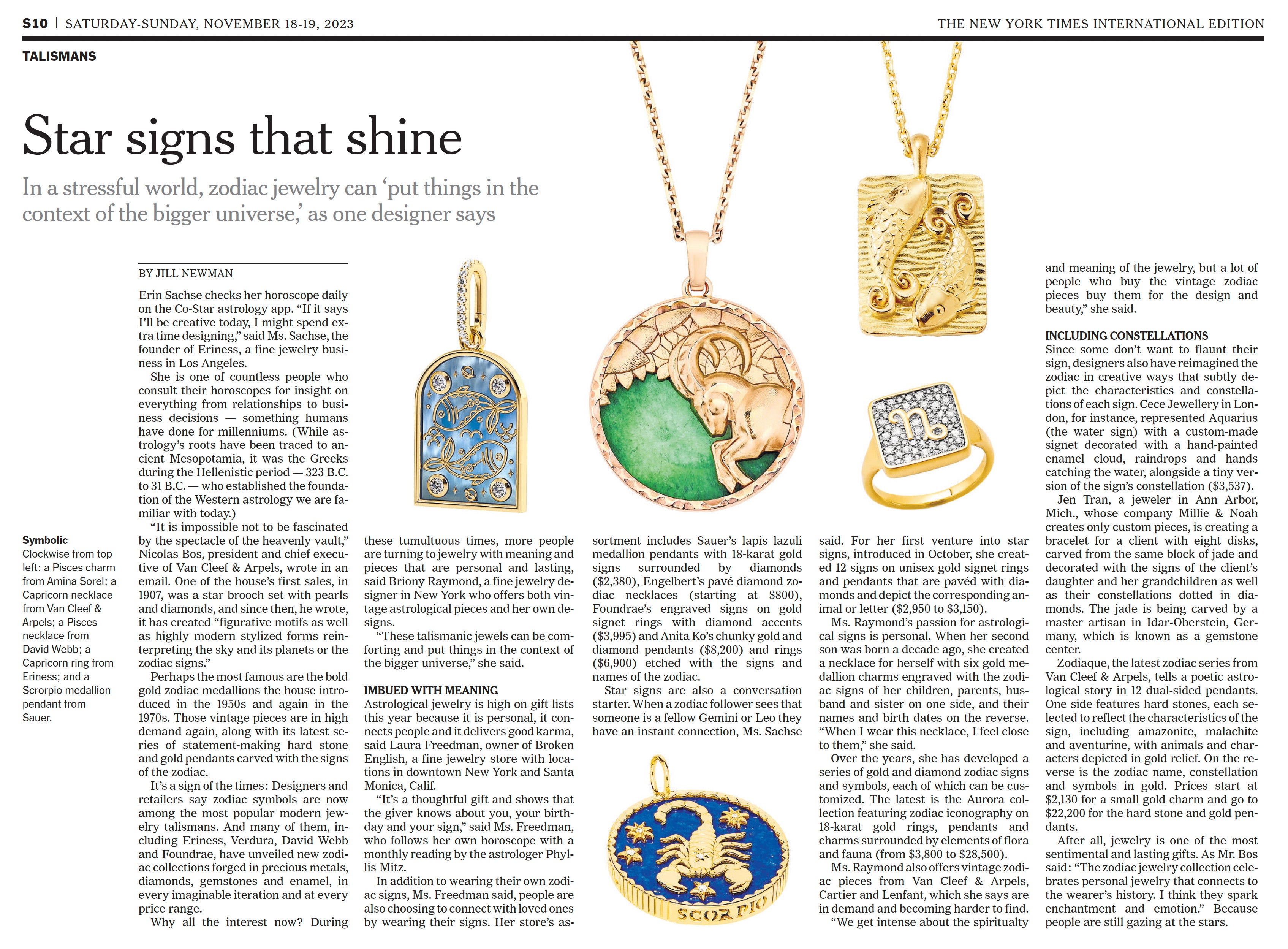 Broken English Jewelry featured in The New York Times, Zodiac Jewelry by Jill Newman