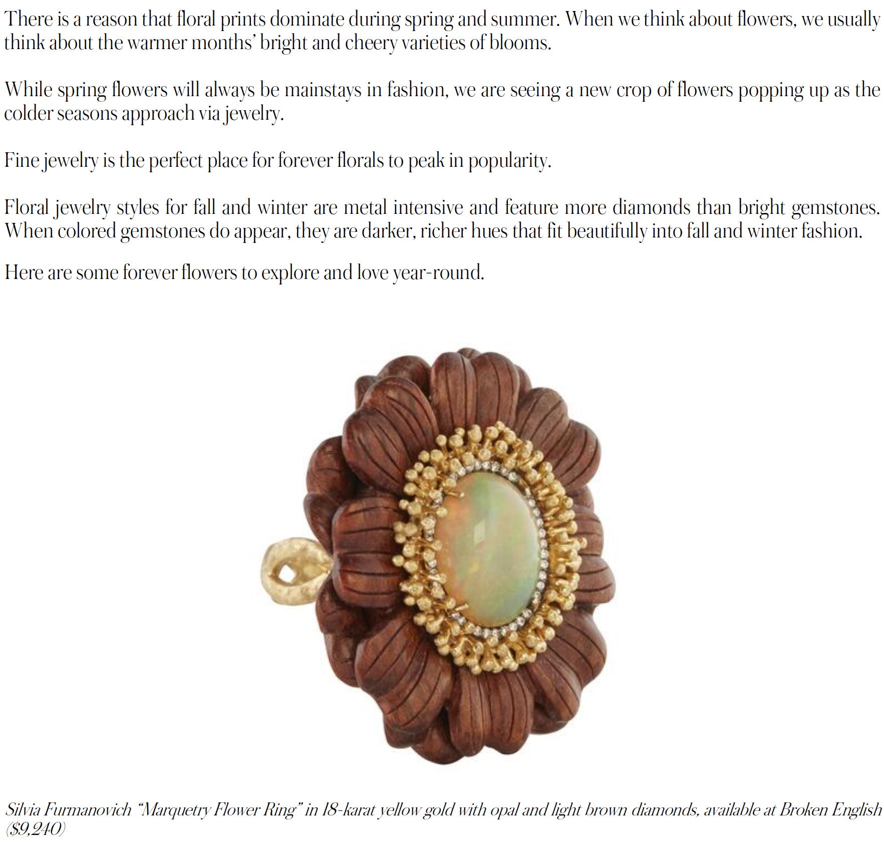 Broken English Jewelry featured in National Jeweler, October 16, 2023, Amanda’s Style File: Forever Floral, Silvia Furmanovich Floral Ring