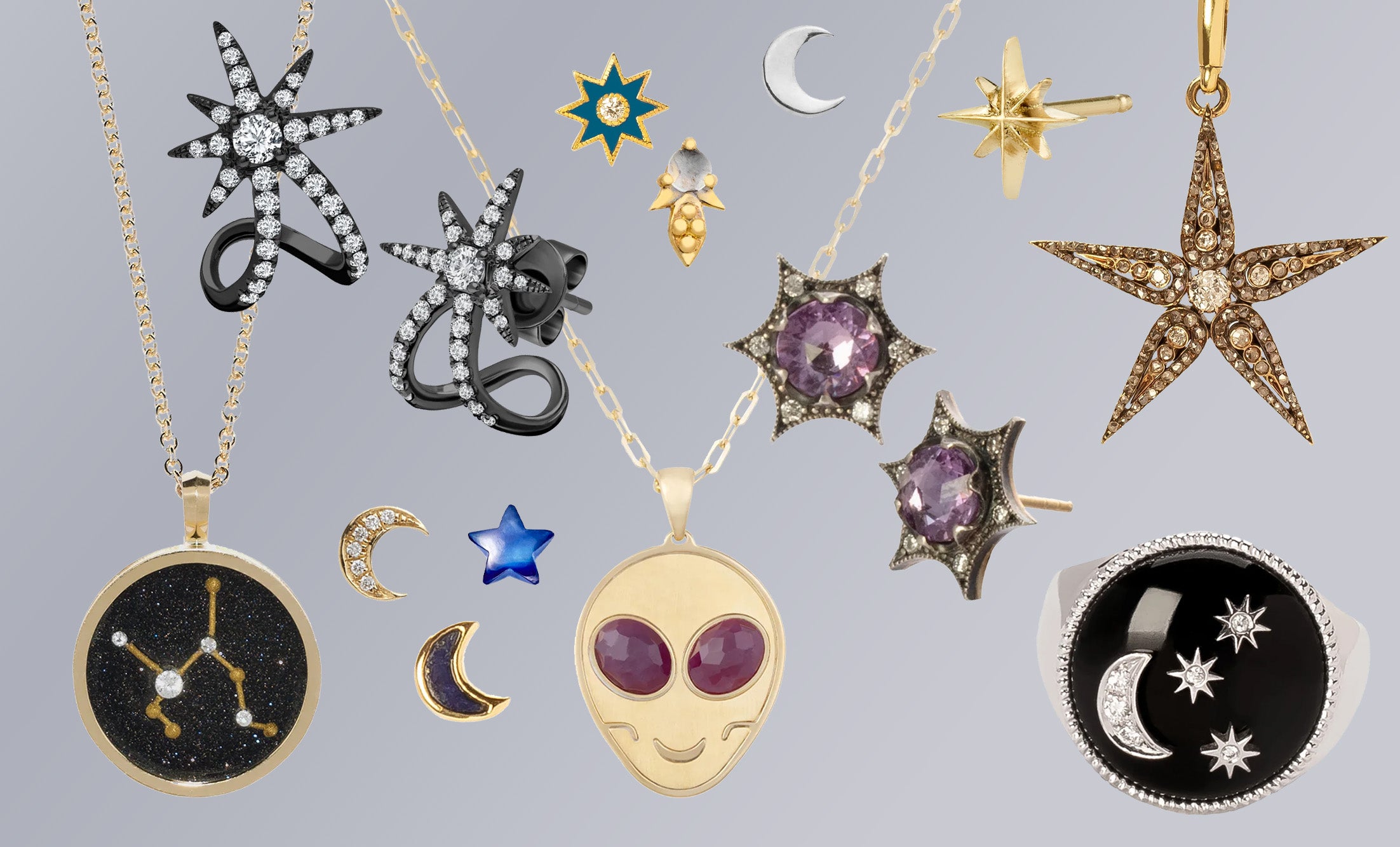 Broken English Jewelry - Cosmic Crush - shop out of this world earrings, bracelets, rings, and necklaces including aliens, stars, spaceships and more