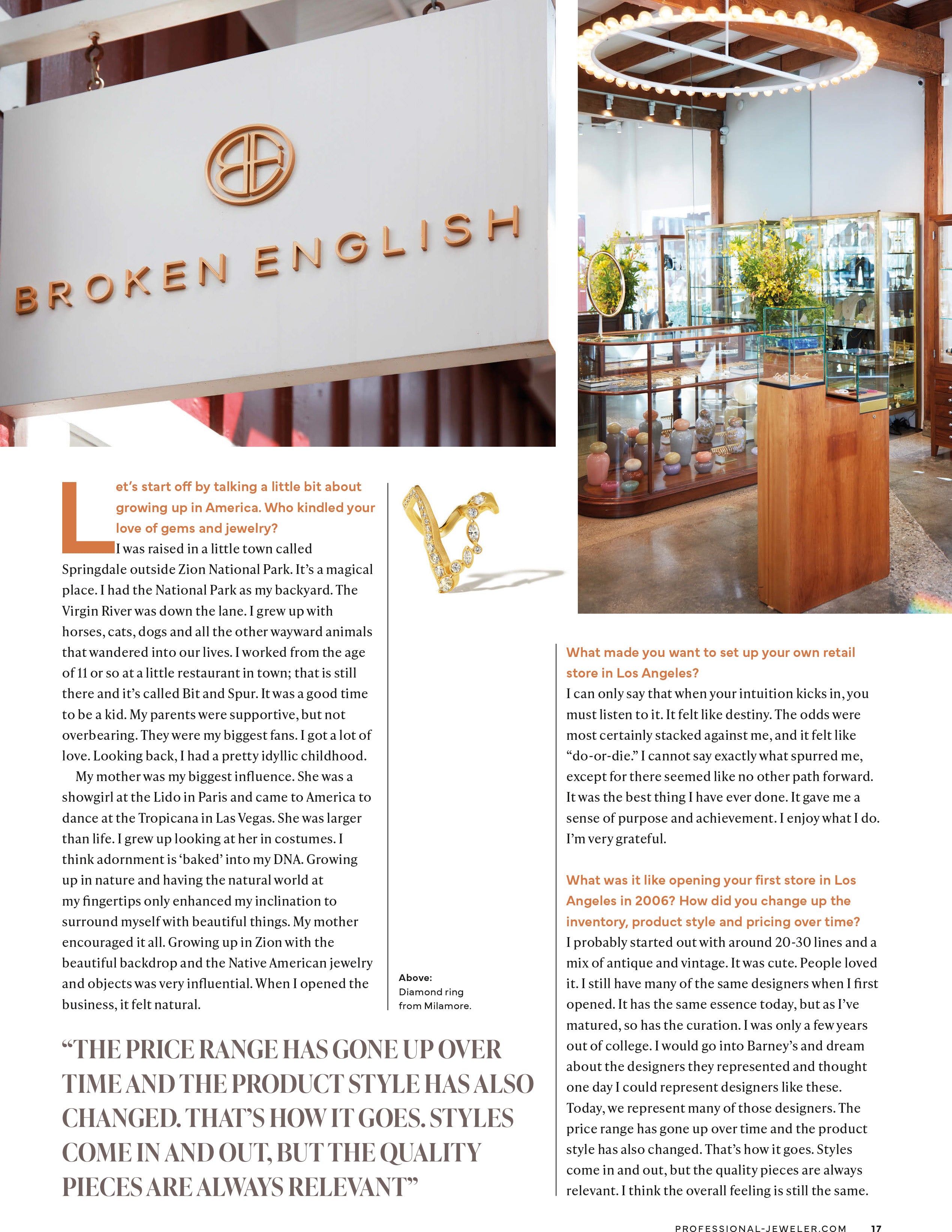 Broken English Jewelry featured in the September 2023 issue of Professional Jeweler, Speaking the Language of Jewelry