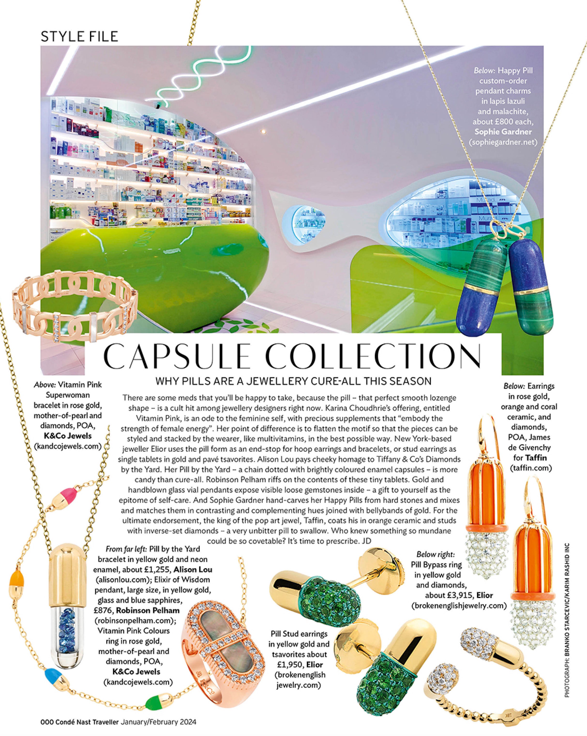 Broken English Jewelry - Elior - Featured in Conde Nast Traveller, January 2024,  The Capsule Collection, Why Pills are a Jewellery Cure-All this Season