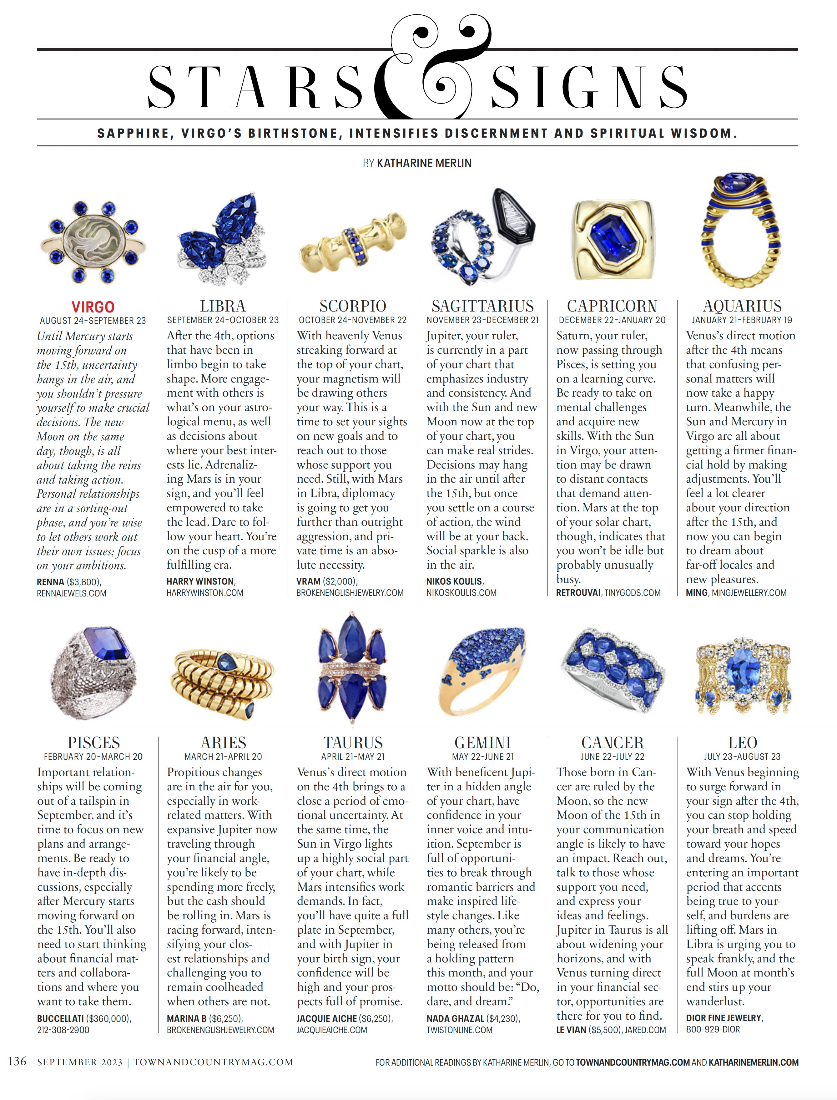 Broken English Jewelry featured in Town & Country, Stars & Signs, September 2023