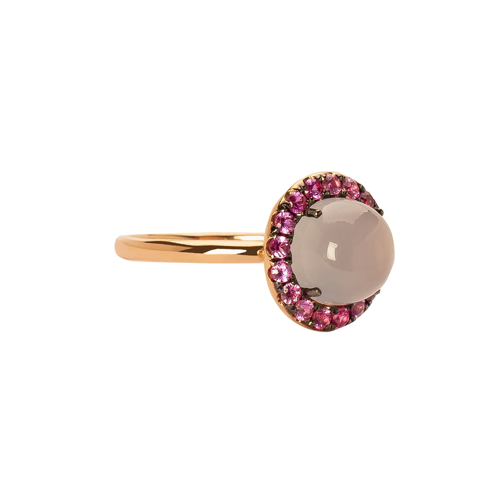 Round Cabochon Blue Chalcedony & Pink Sapphire Ring