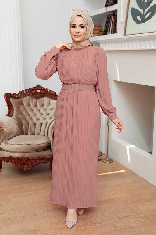 Beige Pleated Turkish Dress