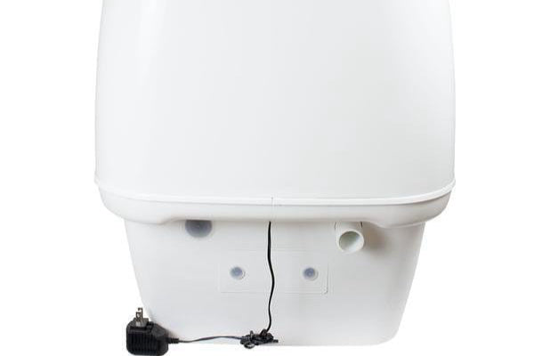 Rear view of the Separett Villa 9215 AC/DC Urine Diverting Toilet featuring a power cord and ventilation hose connection.