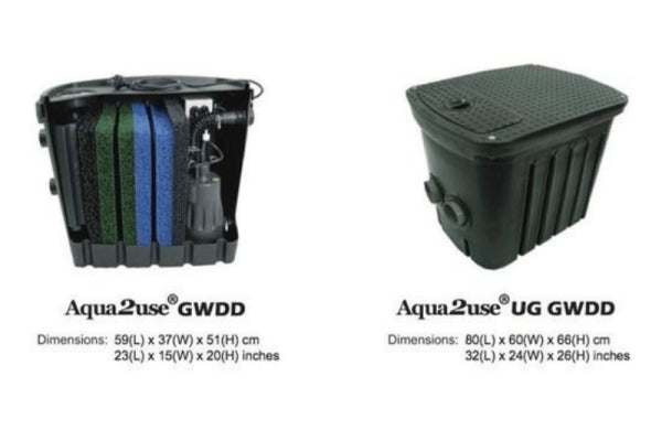 Aqua2use Grey Water Diversion System - Models GWDD and UG GWDD with dimensions.