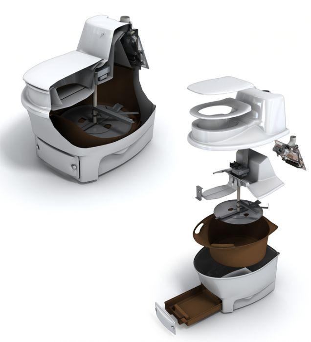 BioLet 15a Composting Toilet with detailed cutaway views showcasing the internal components and mechanism of the eco-friendly toilet system.