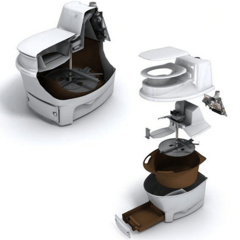 BioLet 55 Composting Toilet cutaway view showing the silent built-in fan for odor control and improved air circulation.