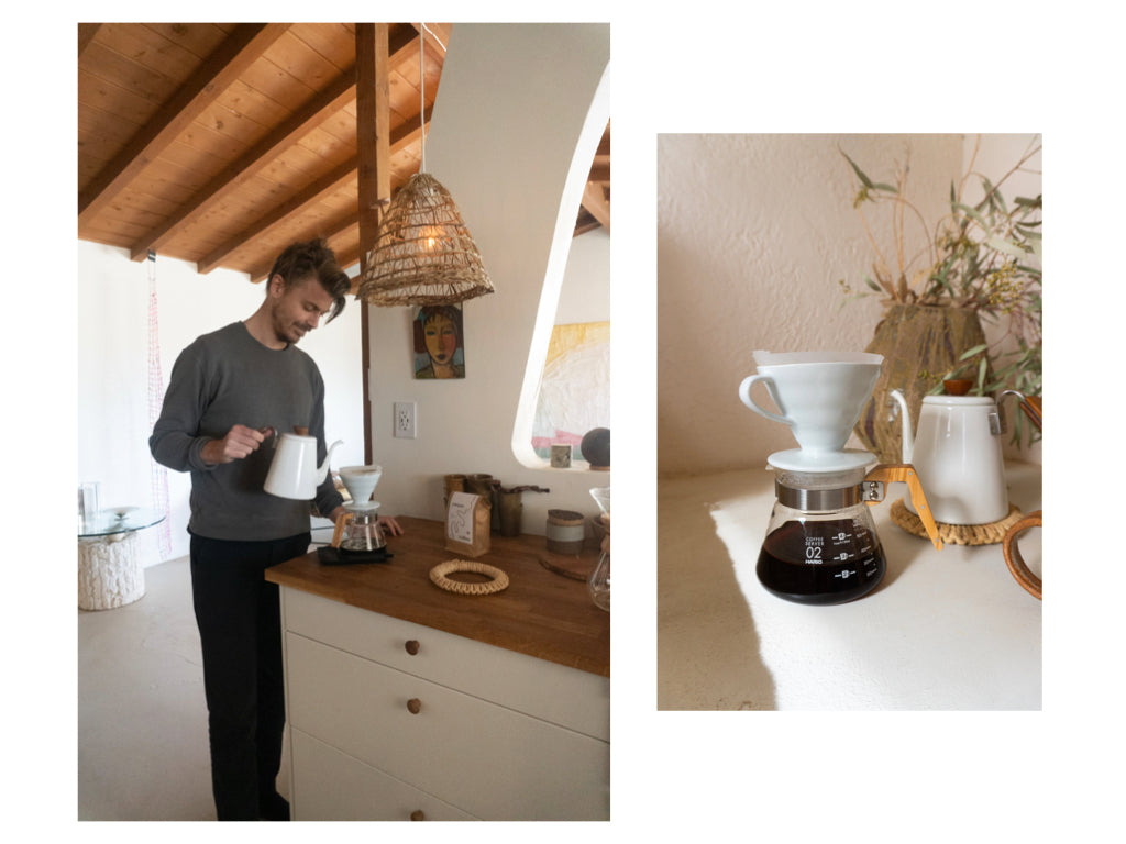 Casey making a pour over at Merchant High Desert House near Joshua Tree, CA