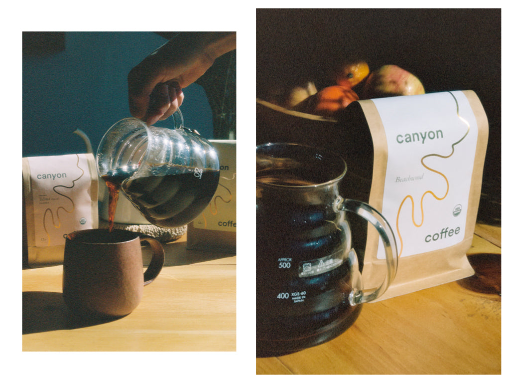 Two photos: one of coffee being poured into a mug, another of a bag of Canyon Coffee sitting next to a glass server with coffee