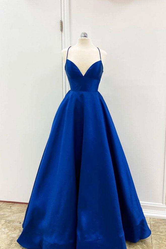 2020 Royal Blue Satin V Neck Long Dress Open Back Prom Dress