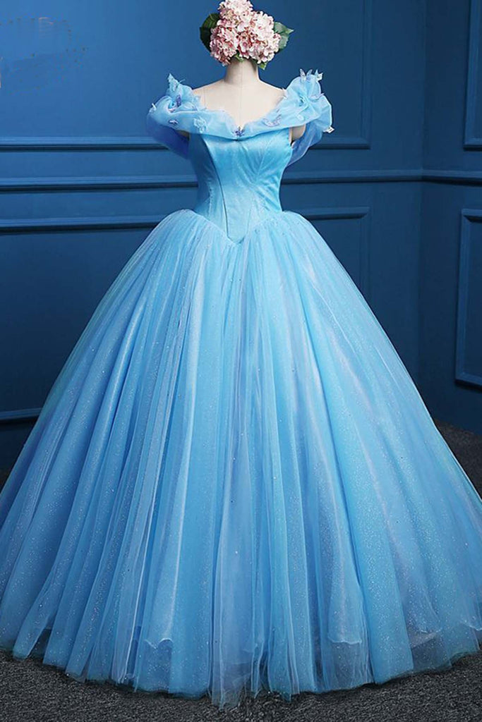 Princess blue  tulle high waist floor length ball  gown 