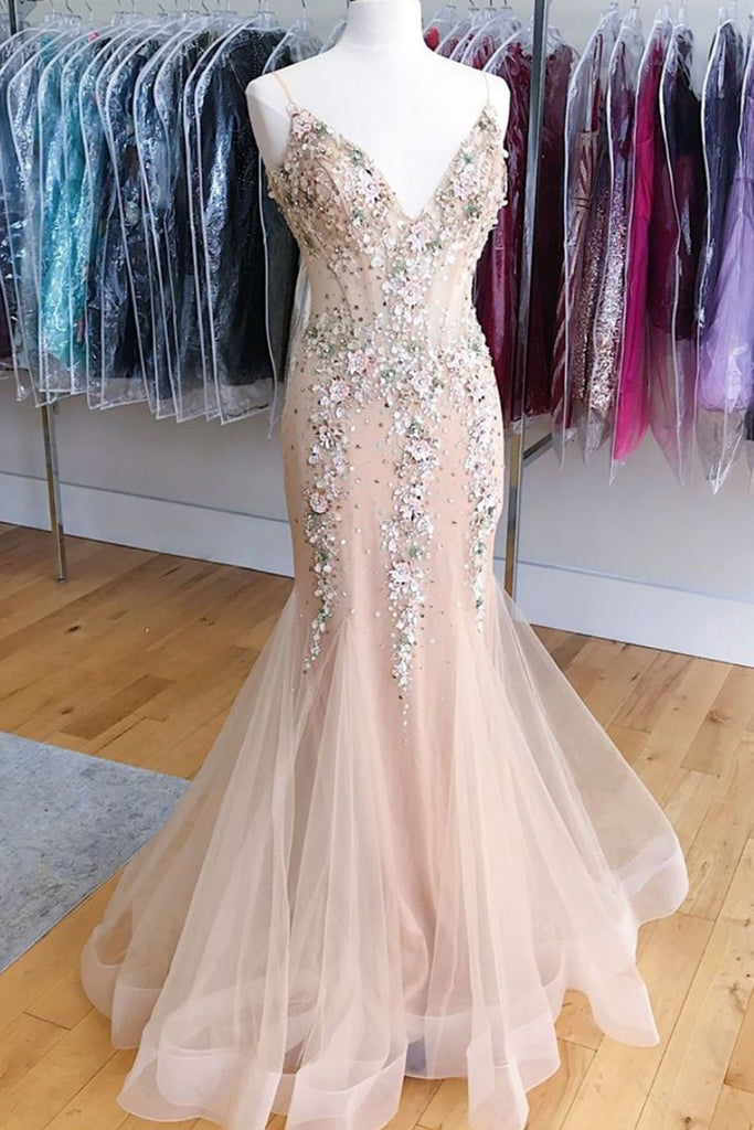 Champagne Pink Long Spaghetti Mermaid Prom Dress Evening Dress
