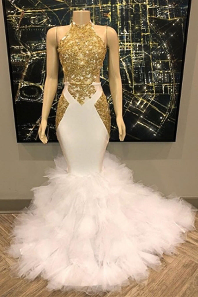white and gold prom dress mermaid