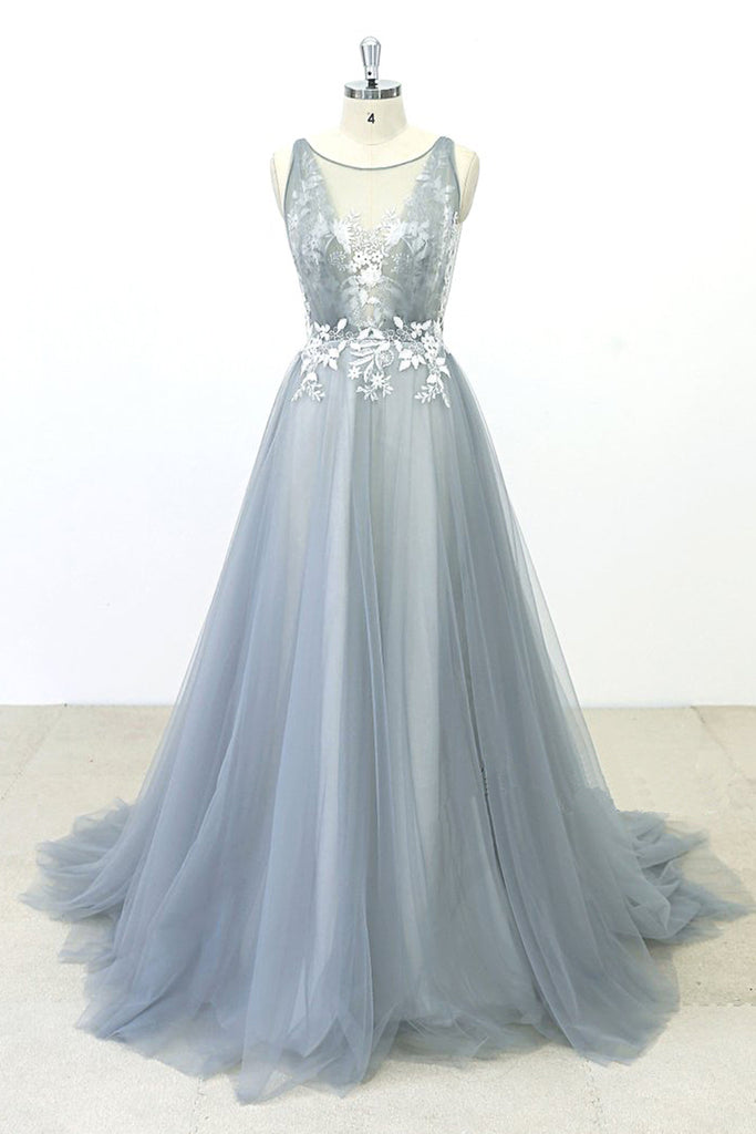 Gray Tulle Round Neck Sweep Train Beach Wedding Dress Lace