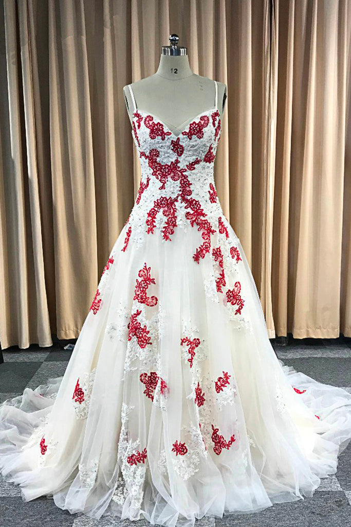 Ivory Tulle Red Lace Applique Long Spaghetti Straps Senior Prom Dress