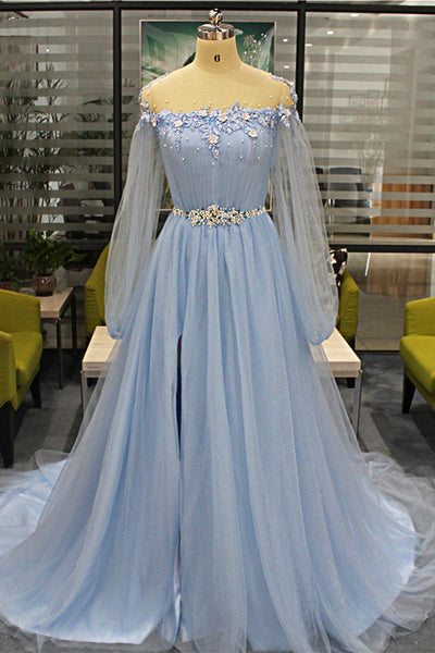 Baby Blue Tulle Long Beaded Sweet 16 Prom Dress With ...
