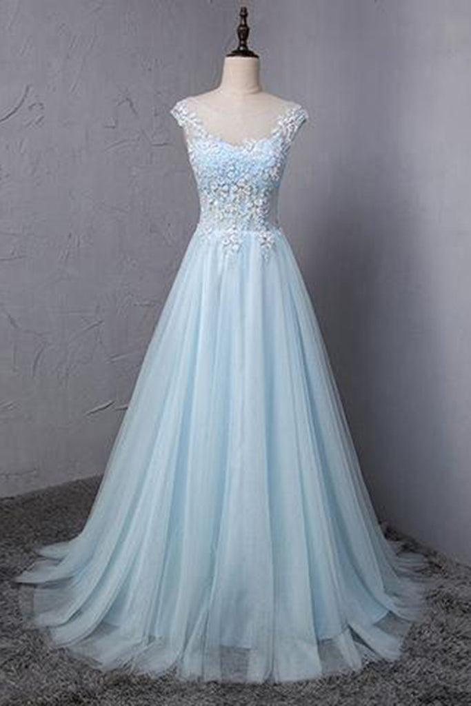 Light blue tulle scoop neck Aline long sweet 16 prom