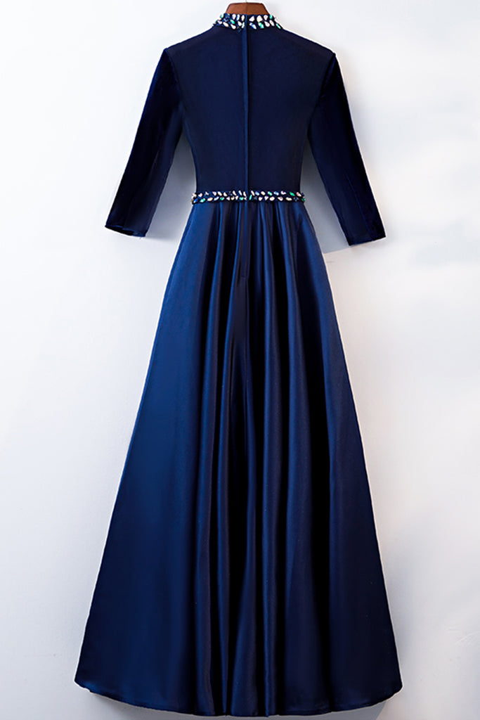 Navy Blue Satin Velvet O Neck Beaded Long Evening Dress Formal