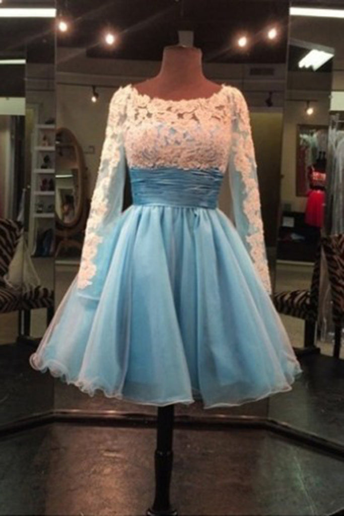 Baby Blue Cute Organza Round Neck Lace Short Prom Dresses For