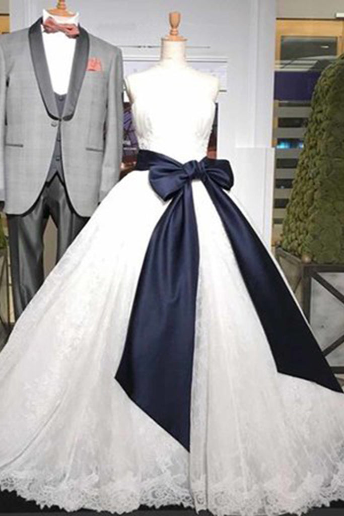 navy and white wedding dress
