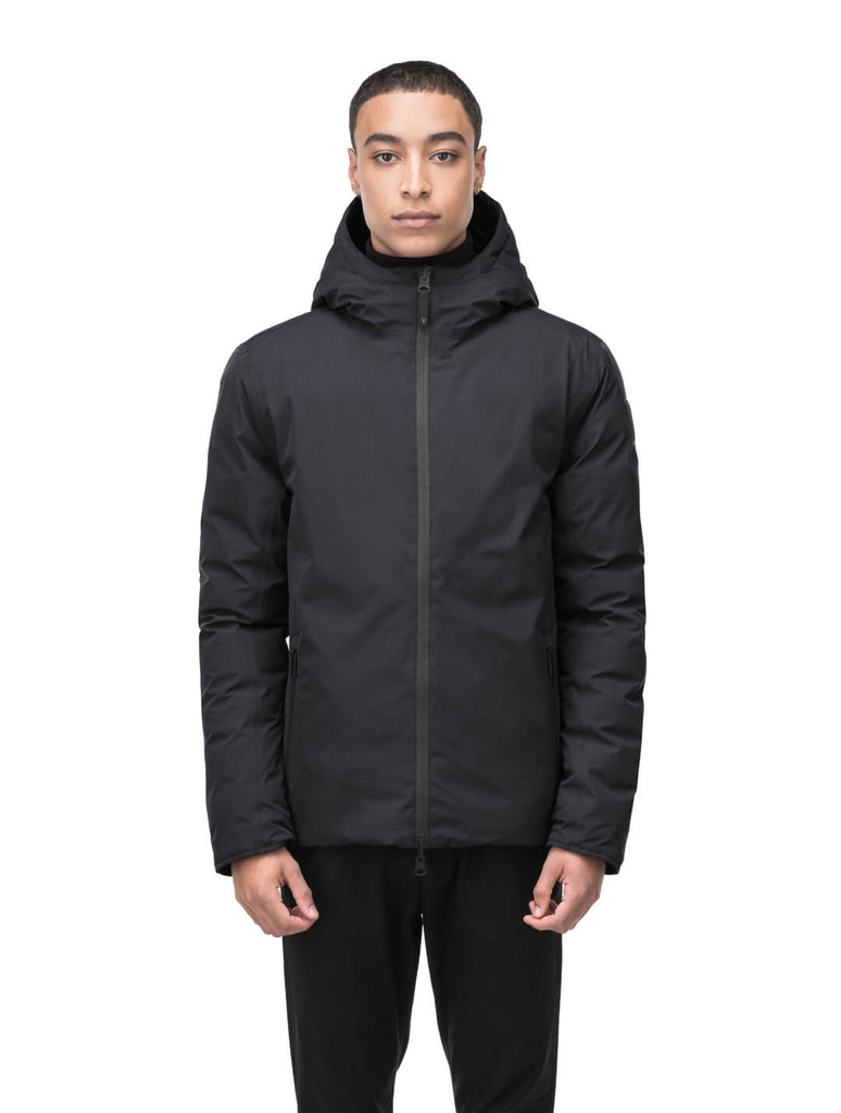 Chris Men's Mid Weight Reversible Puffer Jacket in hip length, Canadian duck down insulation, non-removable adjustable hood, ribbed cuffs, and quilted body on reversible side, in Black| color