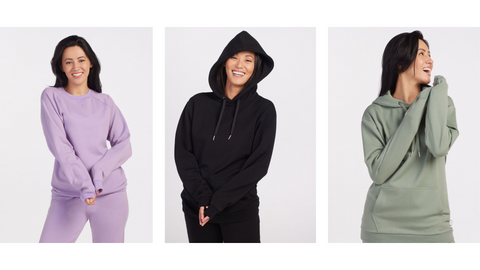 Models Wearing Sweat Suits in Lilac, Black, and Mint