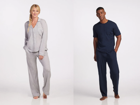 Woman on left in Hadley pajama set, man on right in Arlo lounge pant and Finn top