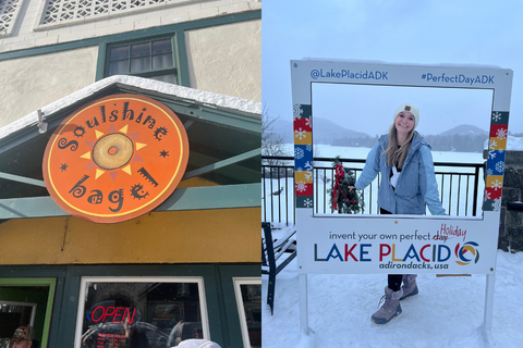 Soulshine Bagel Logo on left, Alexa in front of Mirror Lake on right