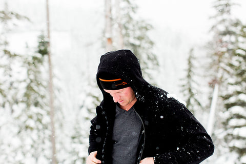 Model Wearing Grizzly Hoodie in Snow