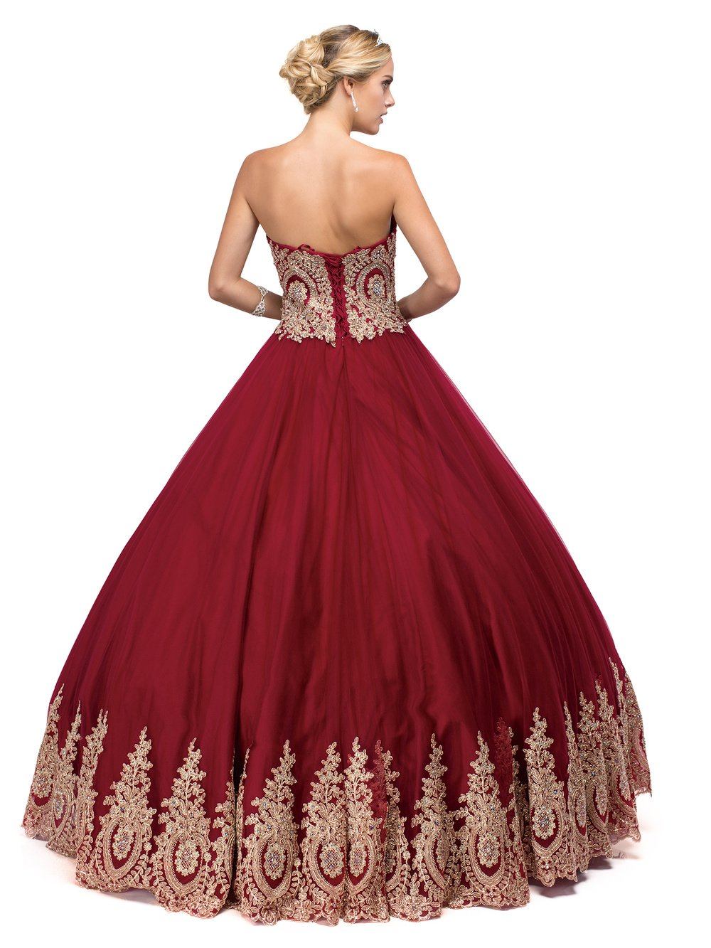 burgundy quince dress with gold