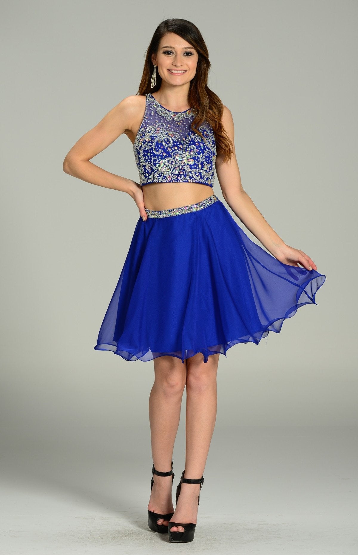 blue 2 piece prom dress short