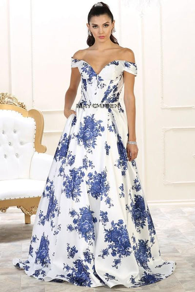 white and blue floral prom dress