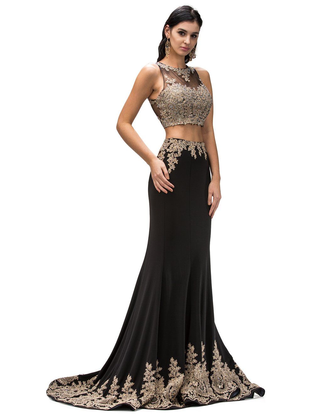 black and gold two piece prom dress