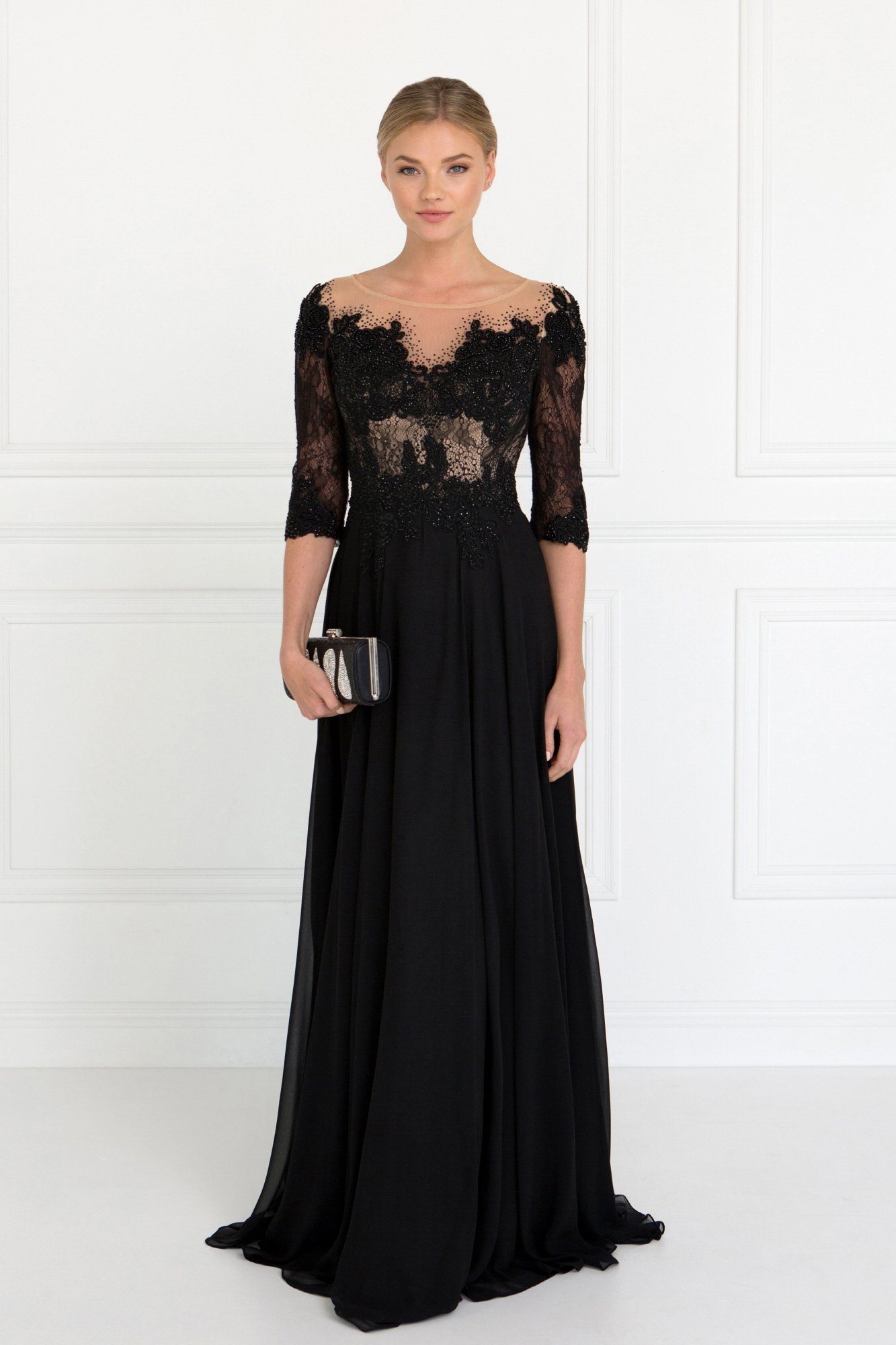 black evening gown with sleeves