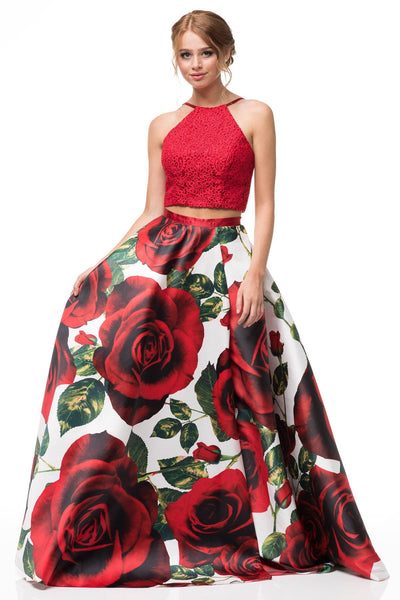 red flower prom dress
