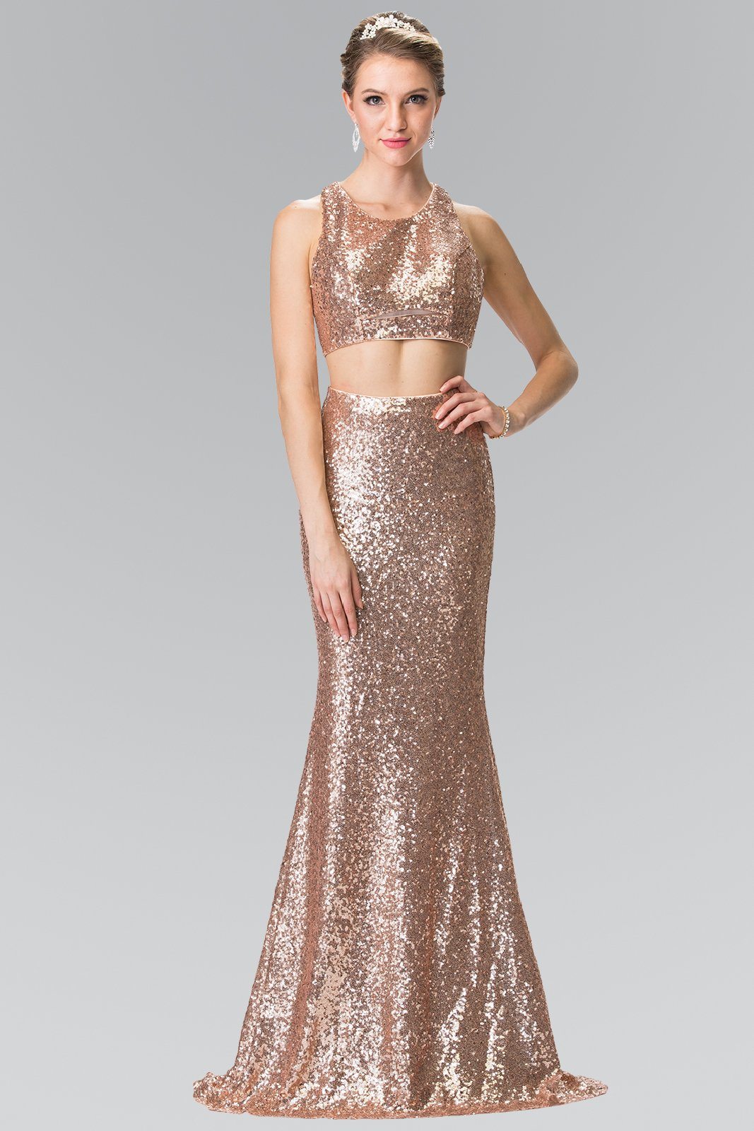 gold 2 piece prom dress
