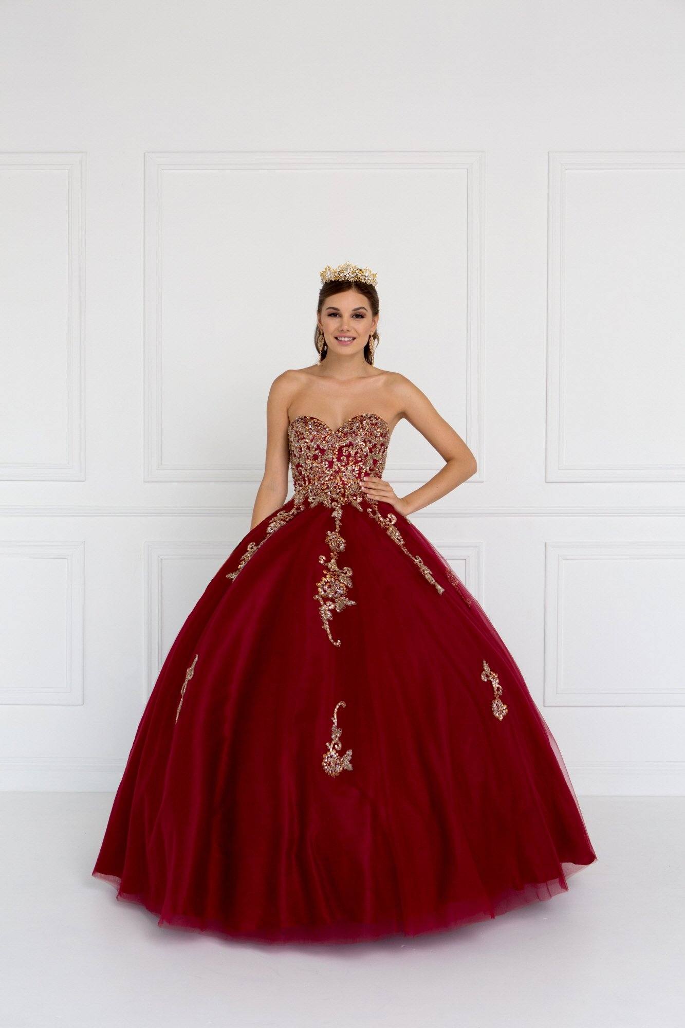 burgundy quince dress with gold