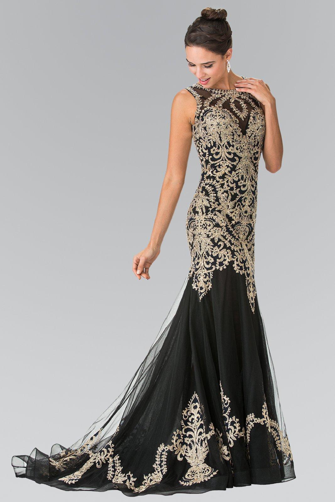 black and gold lace prom dress