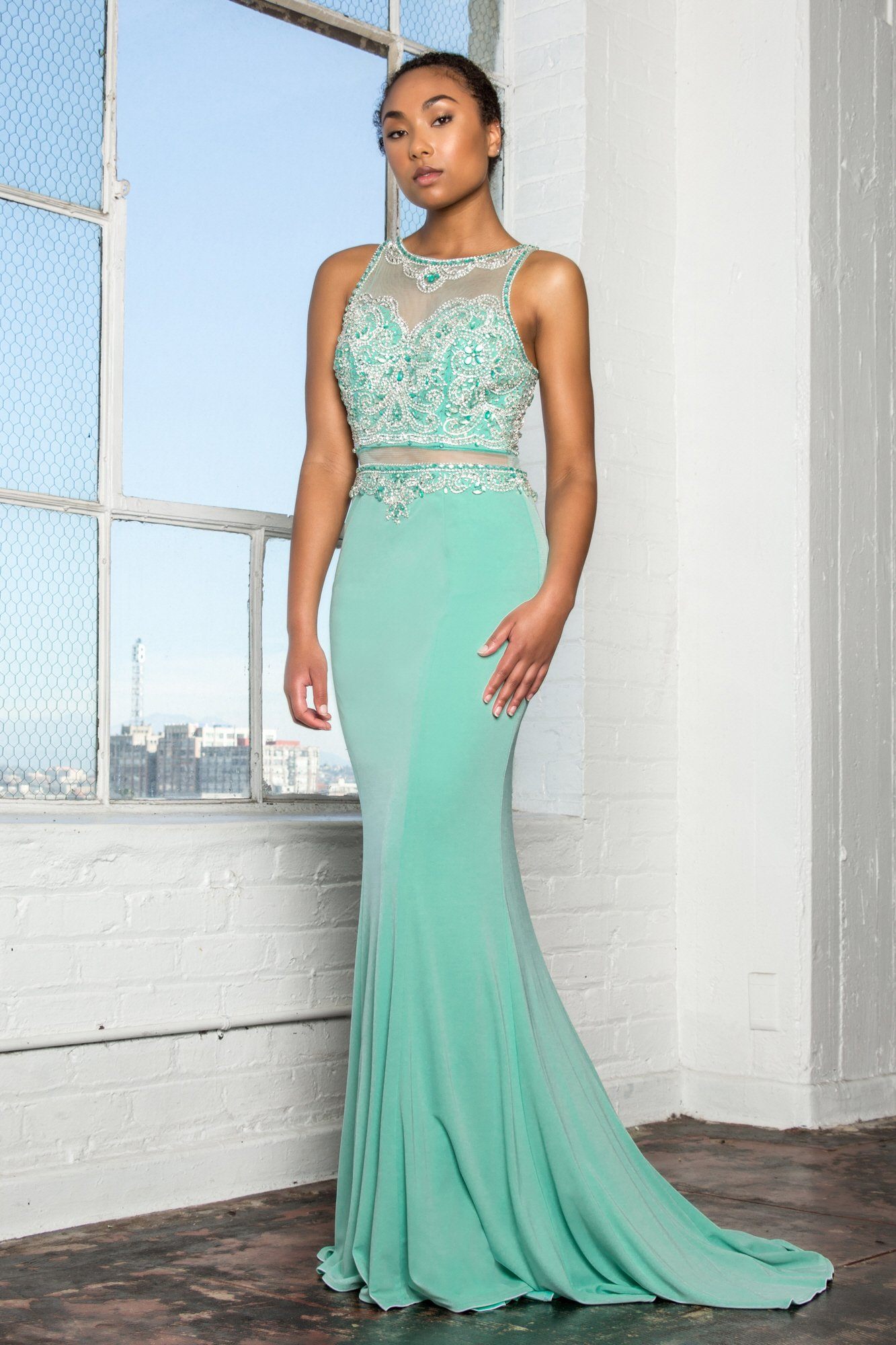 2 piece trumpet prom dress