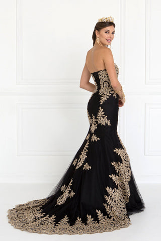 long black dress with gold accents